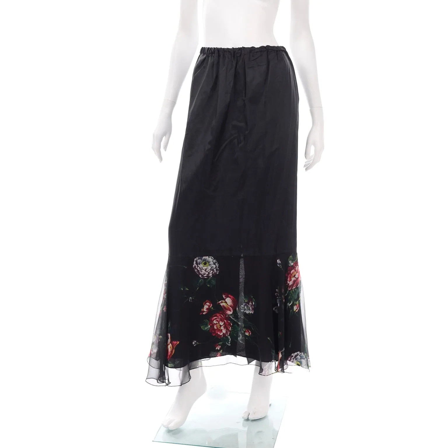 1970s Vintage 2 Pc Black Floral Sheer Tiered Ruffled Dress