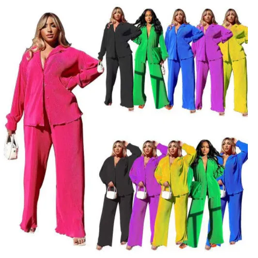 Amozae church outfit Women's Sexy Pleated Loose Casual Multi-Color Suit