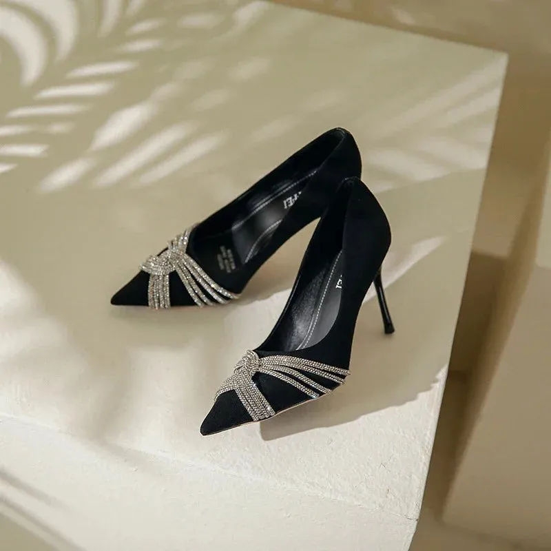 Amozae-Crystal Stiletto High Heels Woman 2024 New Female High Heel Shoe Suede Pointed Toe Rhinestone Elegant Office Women Shoes Pumps