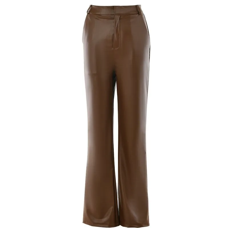 Amozae- Faux PU Leather Pants Women   Autumn Brown High Waist Straight Pant Femme Streetwear Fashion   Bodycon Trousers