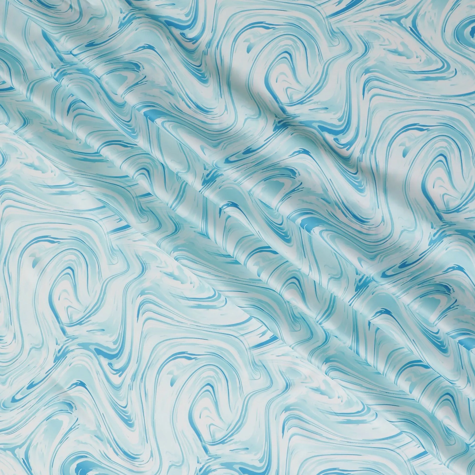 Aqua Swirl Abstract Synthetic Modal Satin Fabric - Artistic Wave Design, 110cm - Buy Online-D17982
