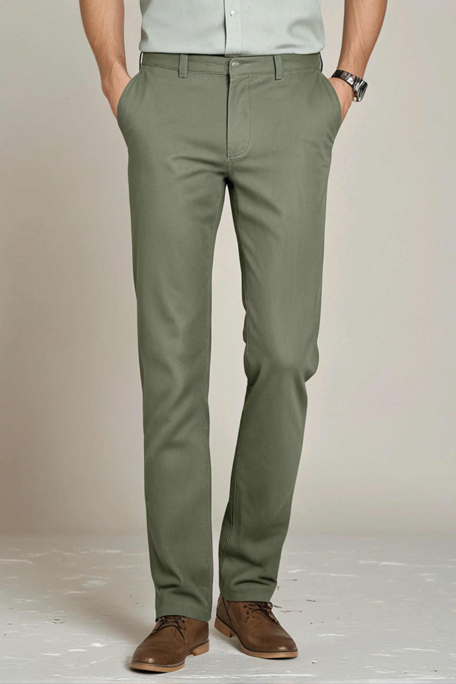 Army Green Textured Cotton Chinos Pants