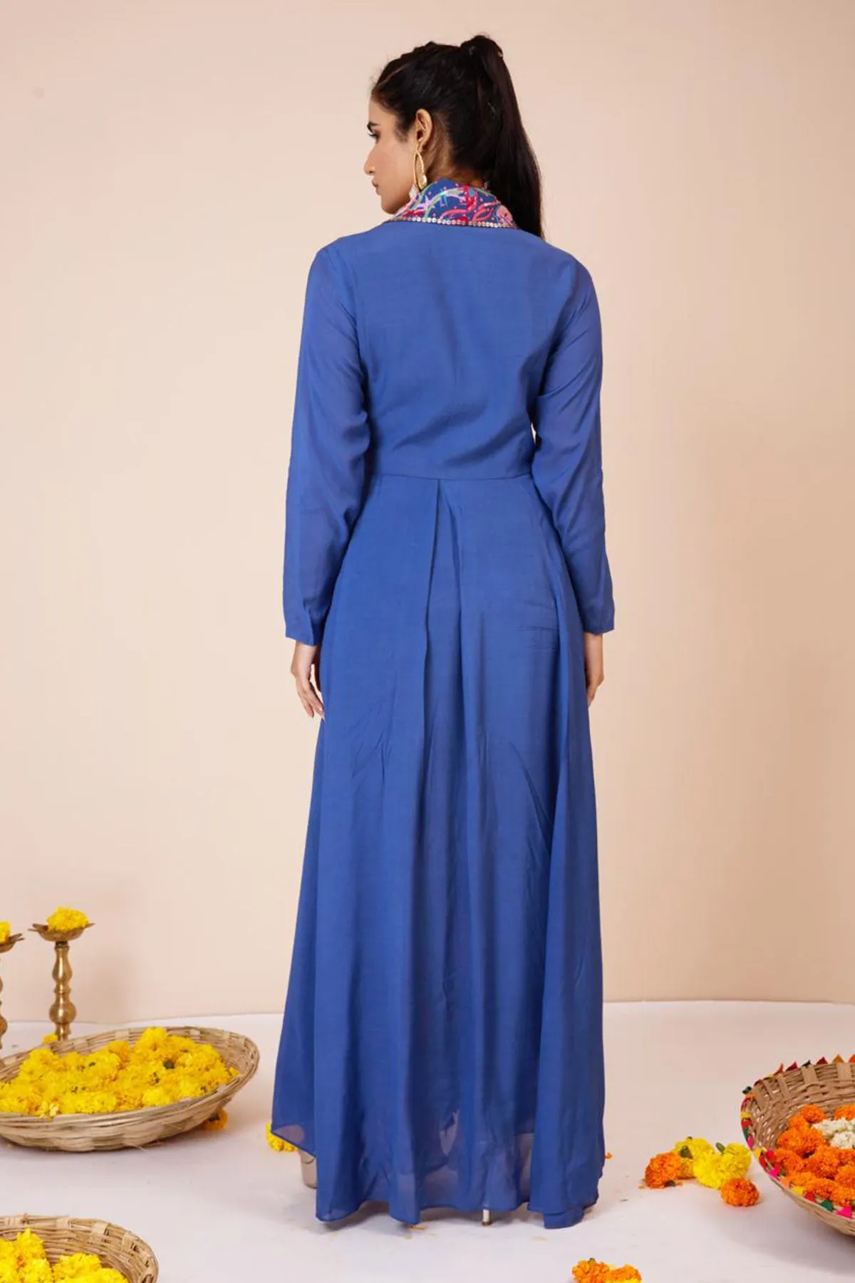 Blue Printed Trench Coat & Pants