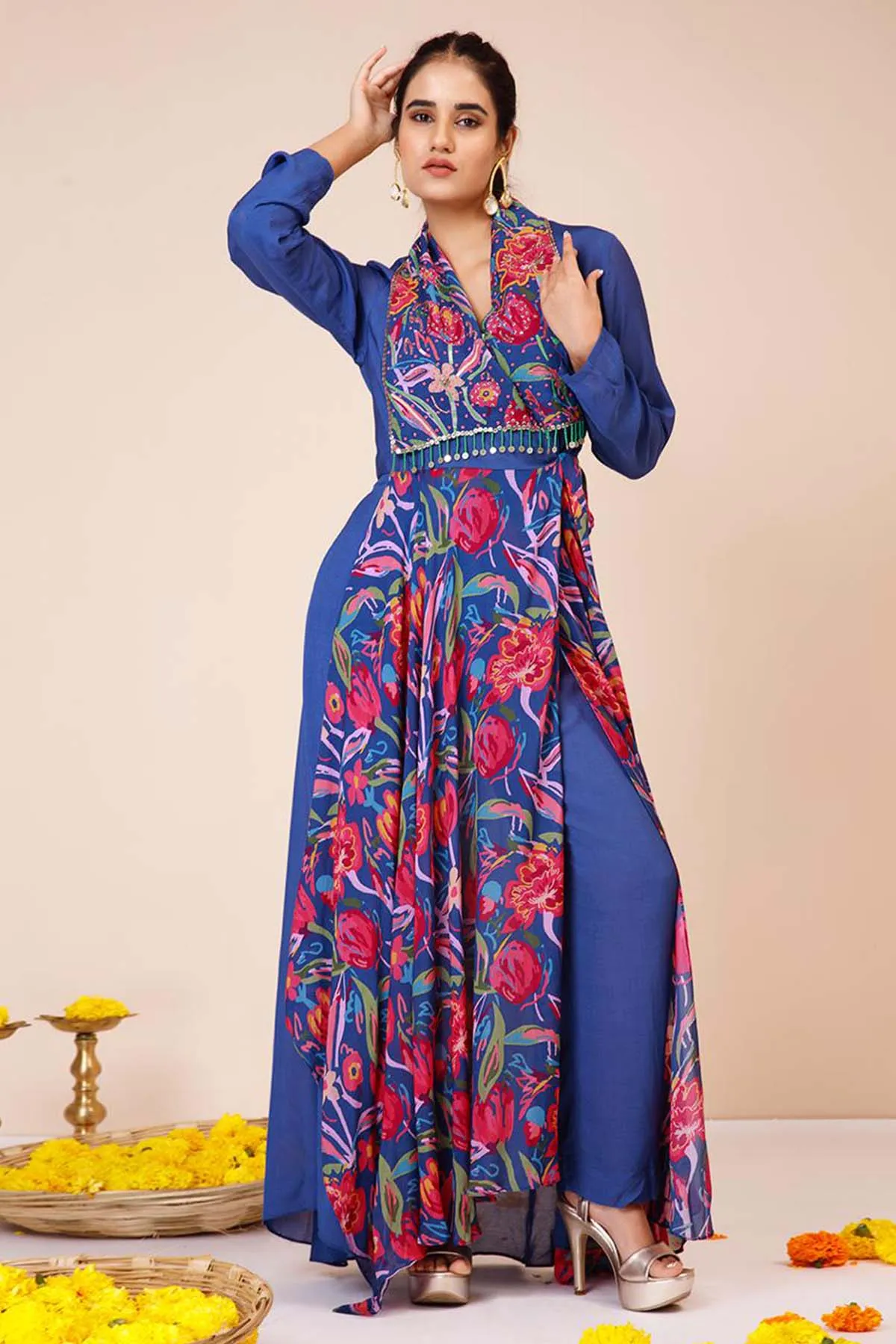 Blue Printed Trench Coat & Pants