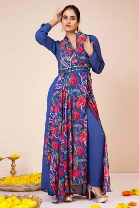 Blue Printed Trench Coat & Pants