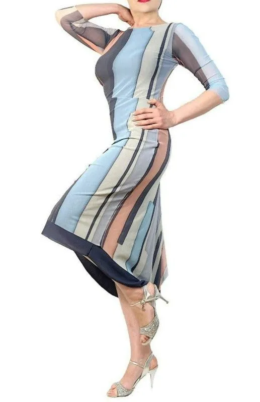 blue stripe NINA mesh tango dress with sleeves