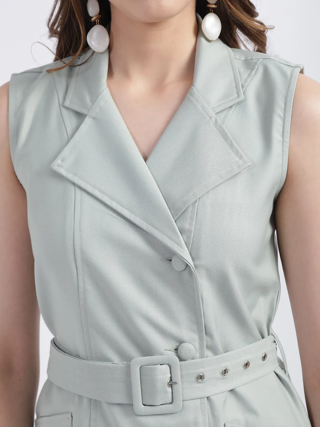 Centre Stage Women Green Collar Solid Collar Dress