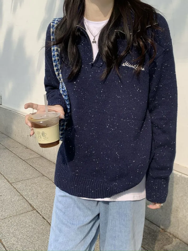 christmas outfit Sonicelife Contrast Half Zip Oversized Knit Sweater