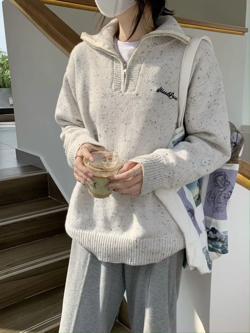 christmas outfit Sonicelife Contrast Half Zip Oversized Knit Sweater