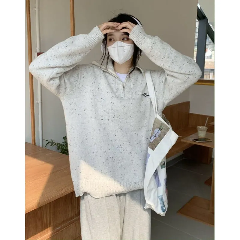 christmas outfit Sonicelife Contrast Half Zip Oversized Knit Sweater