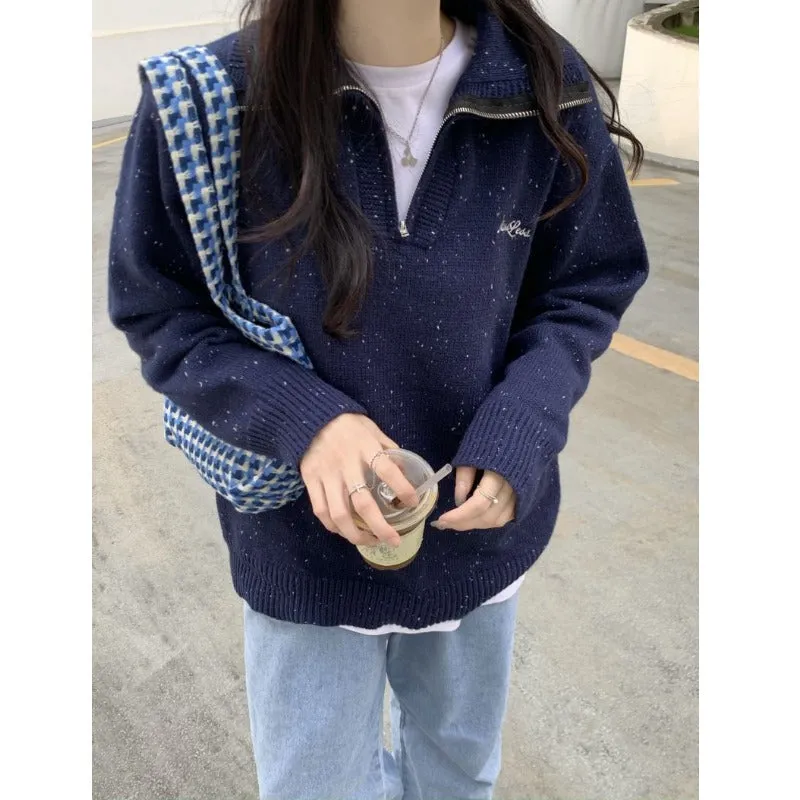 christmas outfit Sonicelife Contrast Half Zip Oversized Knit Sweater