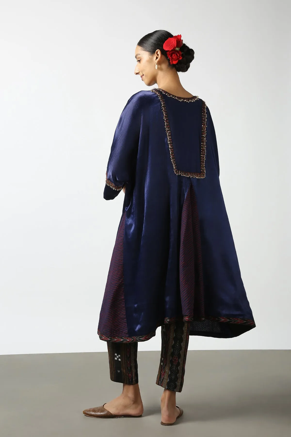 Dark Blue Mushroo Silk and Ikat Embroidered Jacket