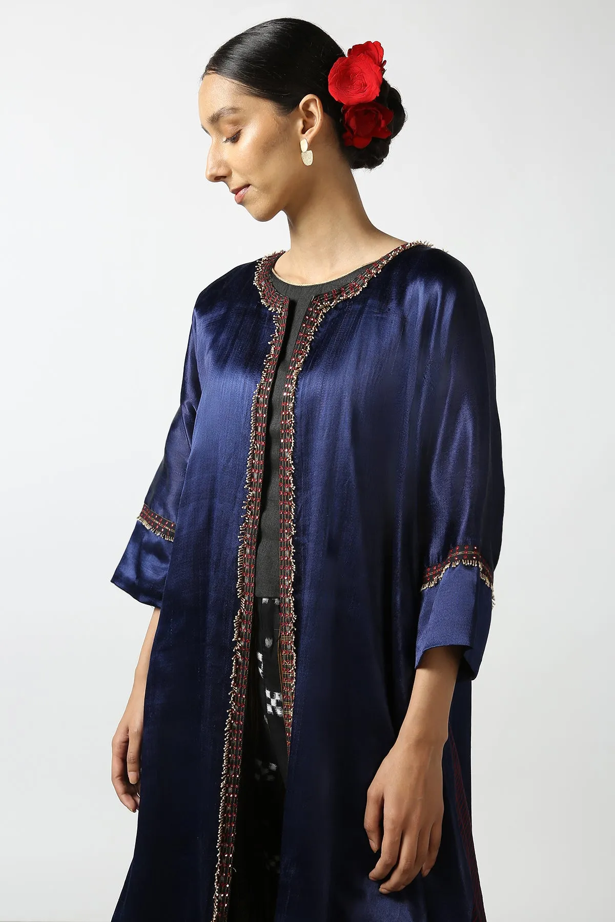 Dark Blue Mushroo Silk and Ikat Embroidered Jacket