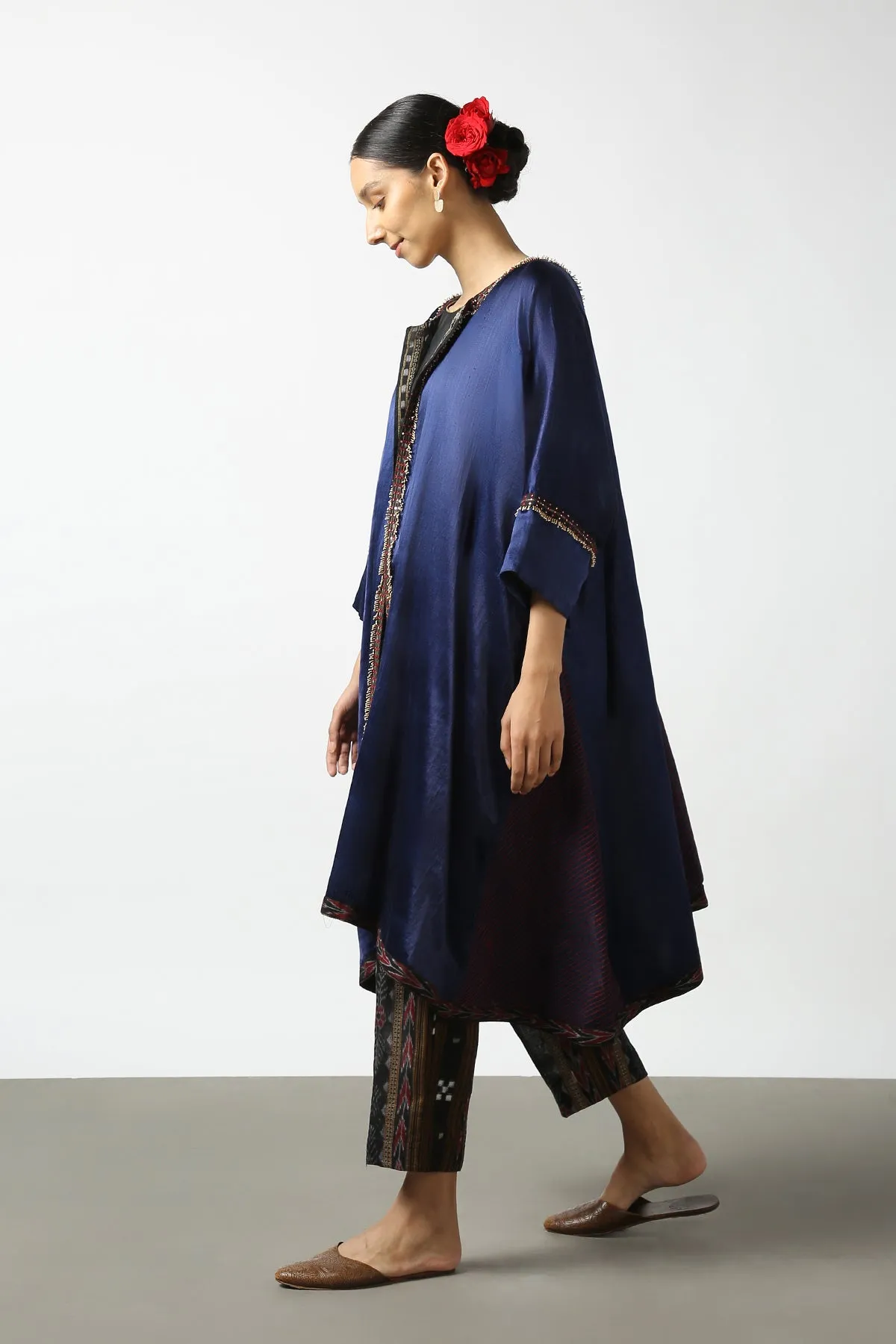Dark Blue Mushroo Silk and Ikat Embroidered Jacket