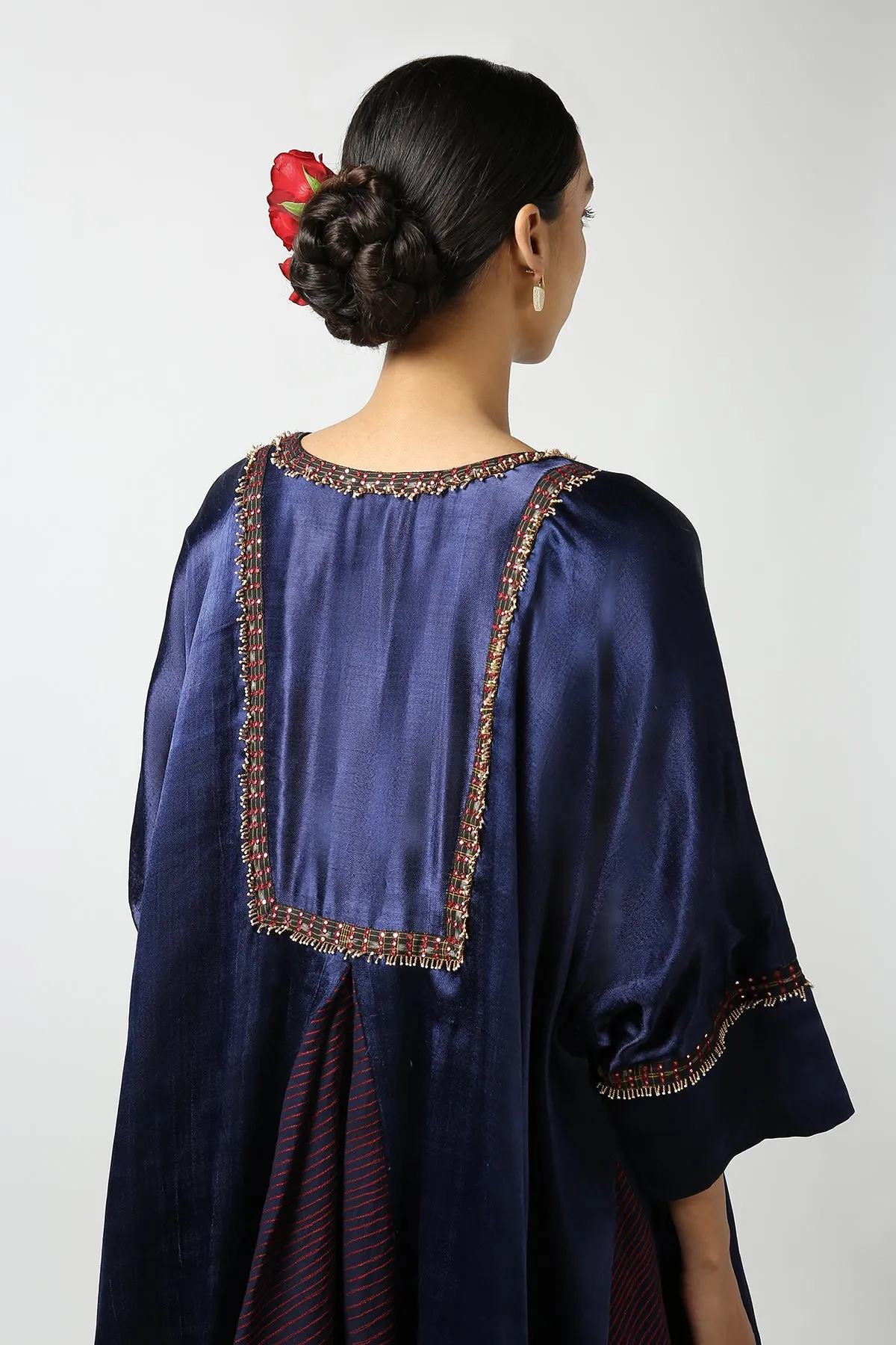 Dark Blue Mushroo Silk and Ikat Embroidered Jacket