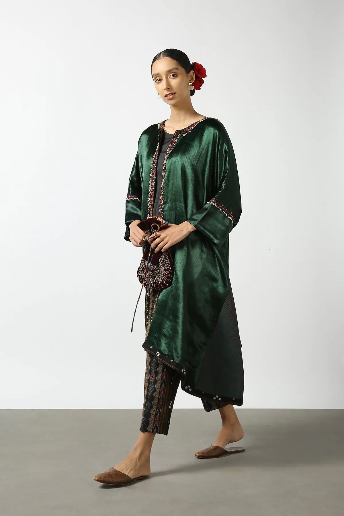 Dark Red Mushroo Silk and Ikat Embroidered Jacket