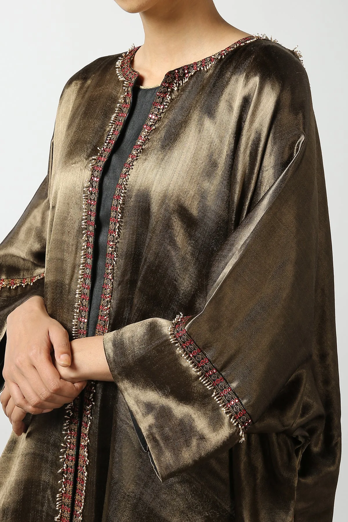 Dark Red Mushroo Silk and Ikat Embroidered Jacket
