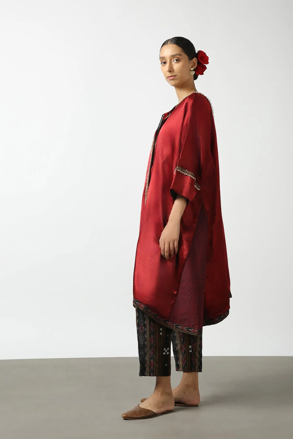 Dark Red Mushroo Silk and Ikat Embroidered Jacket