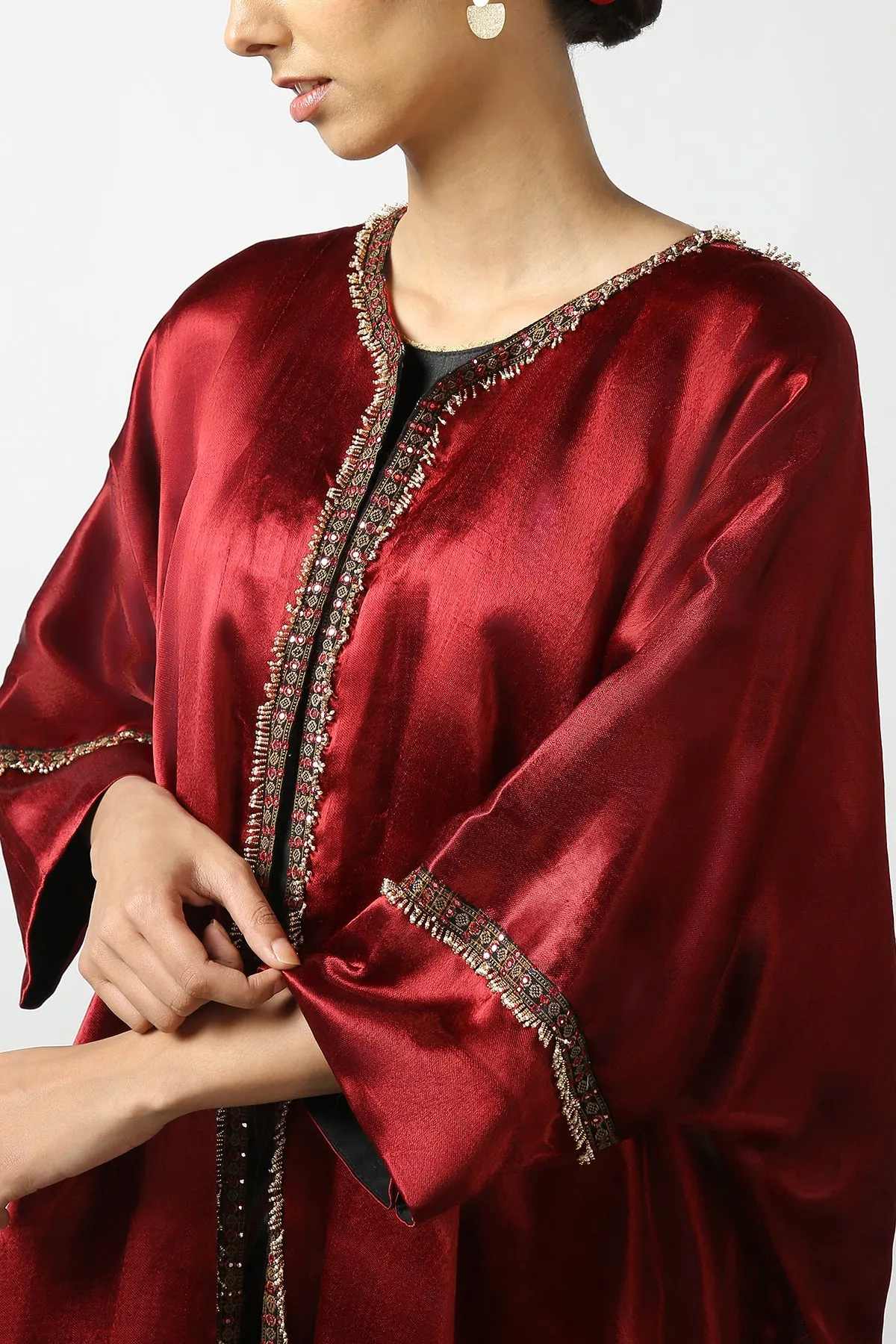 Dark Red Mushroo Silk and Ikat Embroidered Jacket