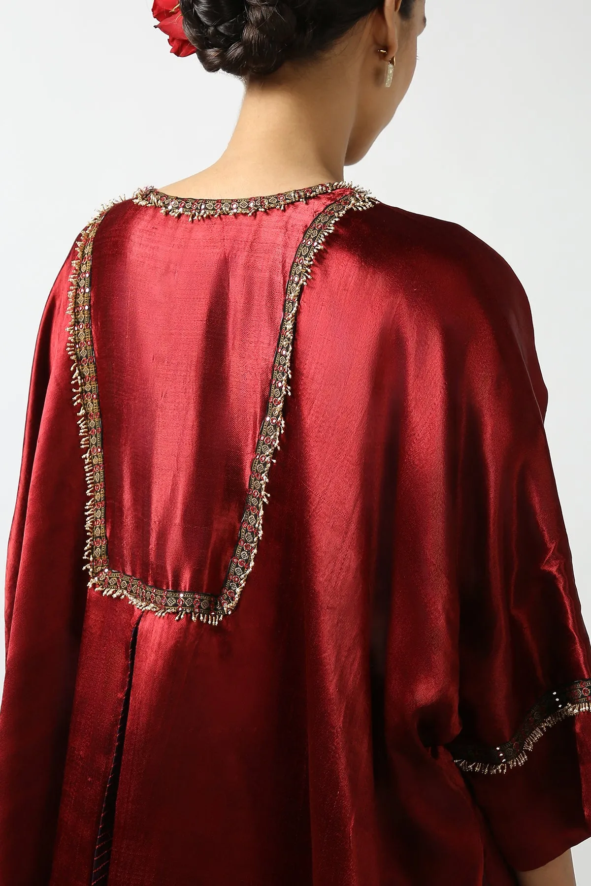 Dark Red Mushroo Silk and Ikat Embroidered Jacket