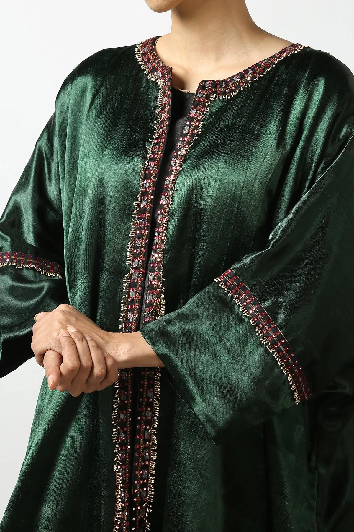Dark Red Mushroo Silk and Ikat Embroidered Jacket