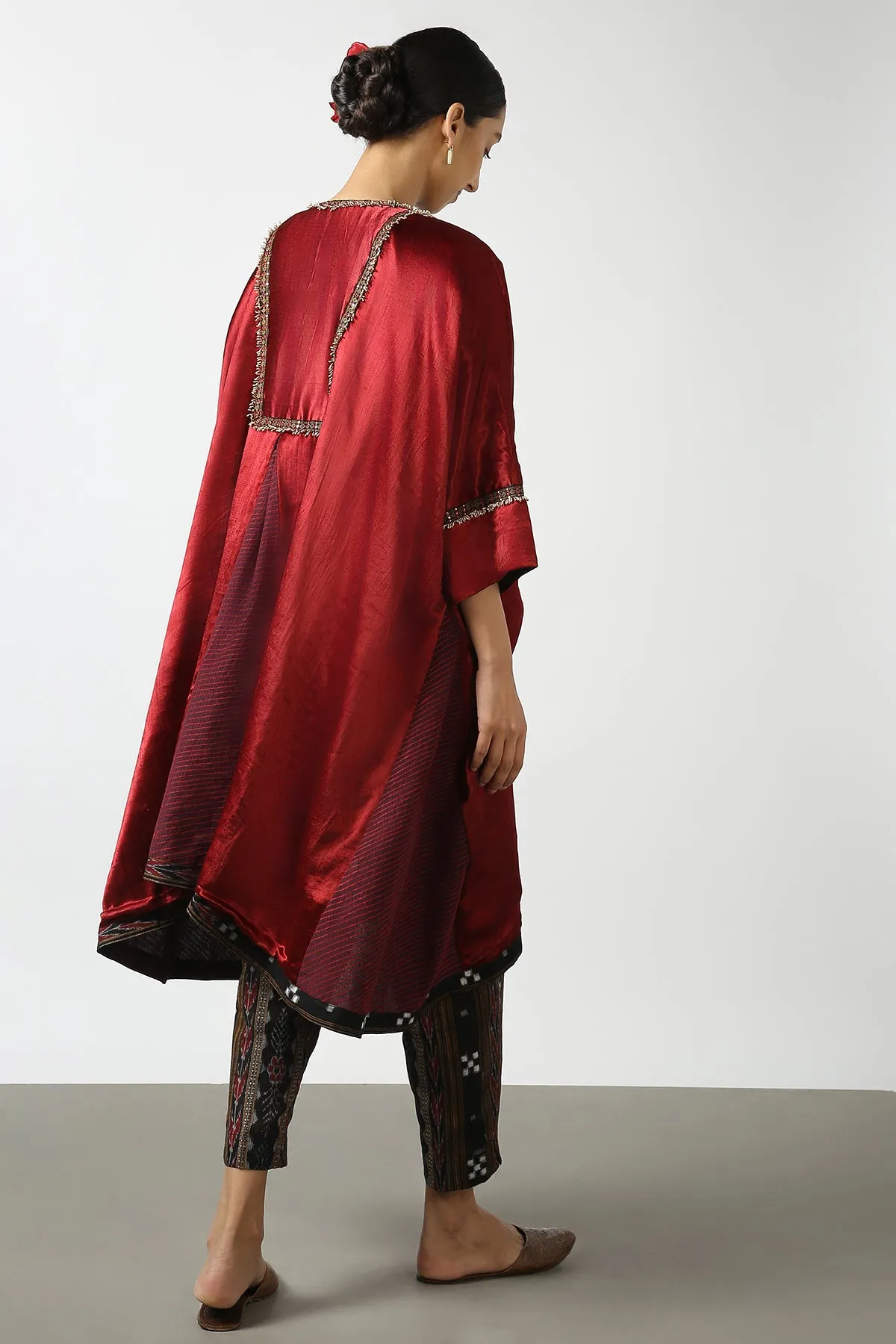 Dark Red Mushroo Silk and Ikat Embroidered Jacket