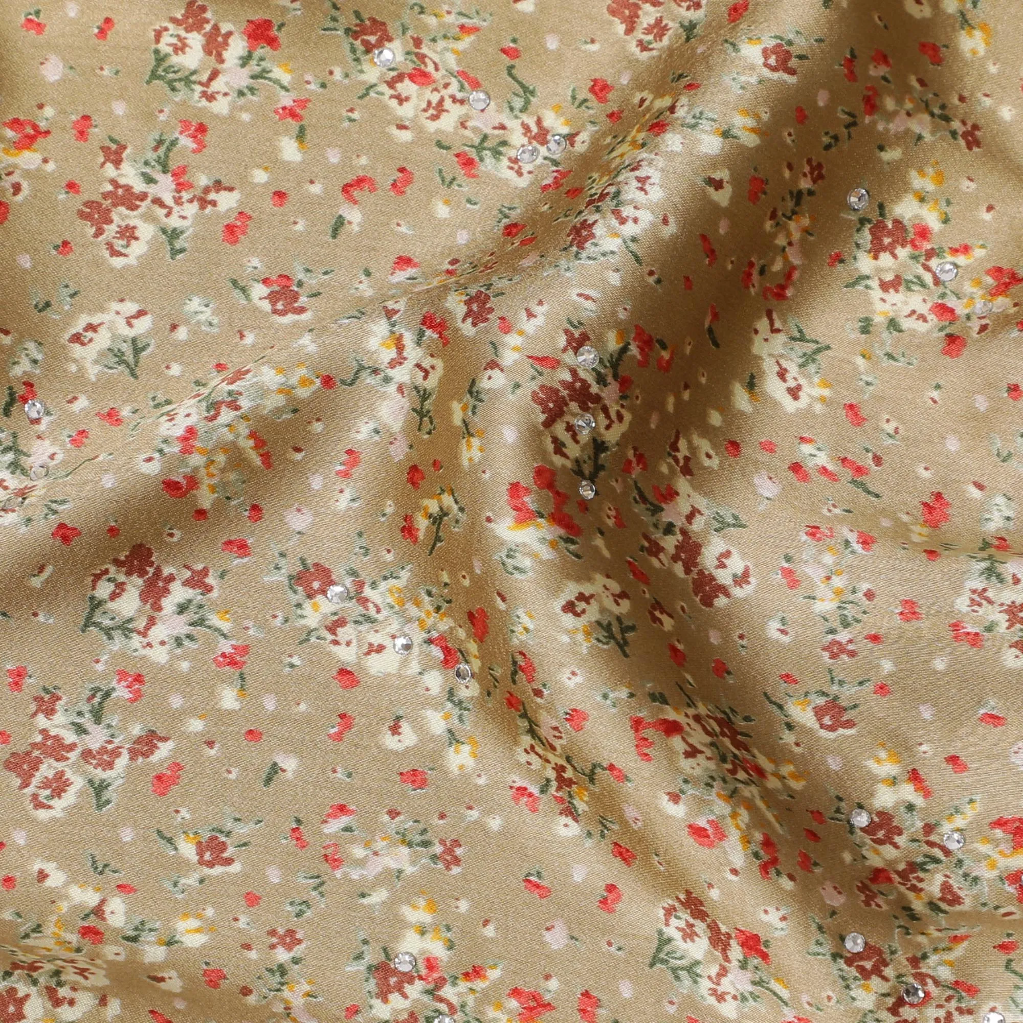 Elegant Synthetic Modal Satin Fabric with Stone Work, Beige Floral Print, 110 cm Width-20037