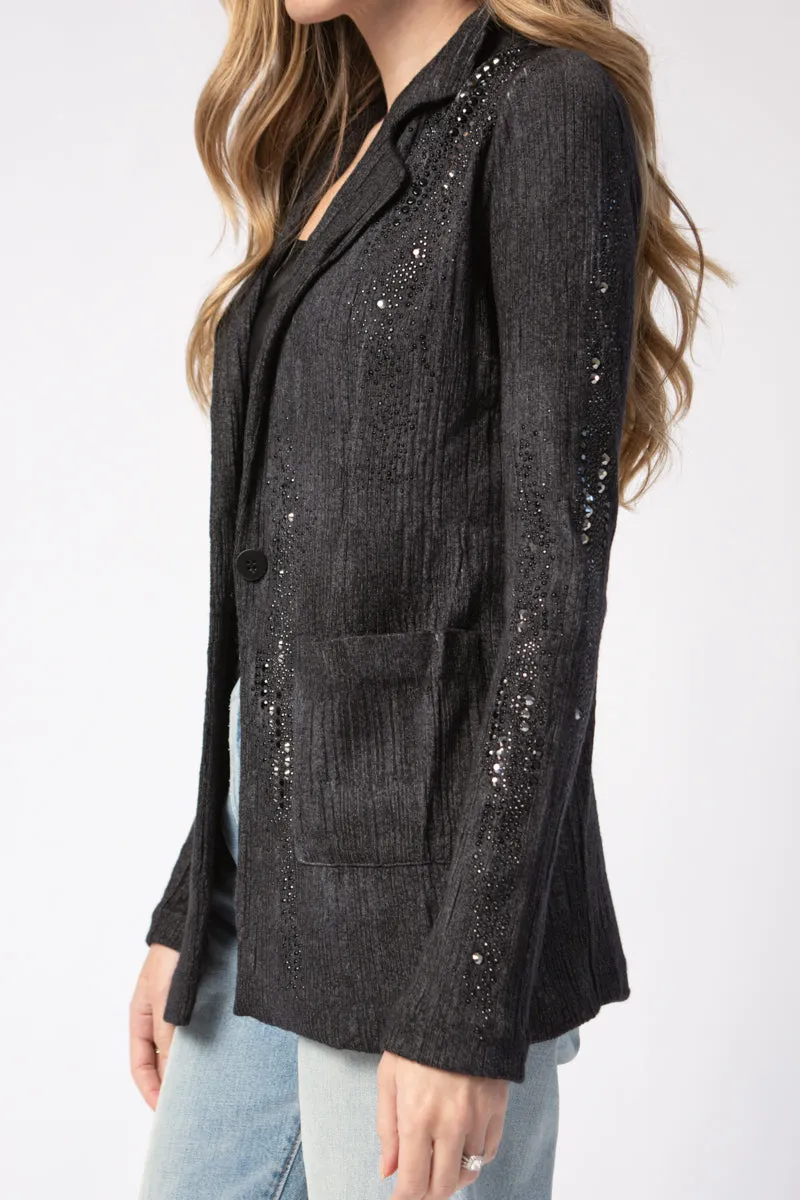 Embellished Plissé Blazer Jacket in Nero
