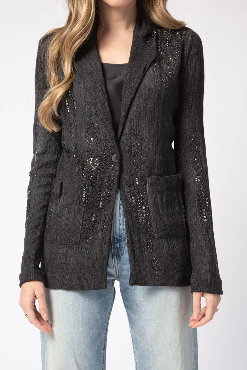 Embellished Plissé Blazer Jacket in Nero