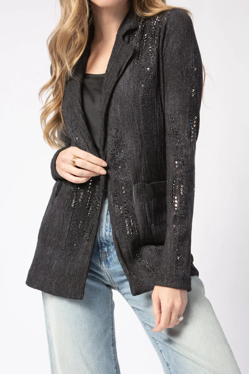 Embellished Plissé Blazer Jacket in Nero