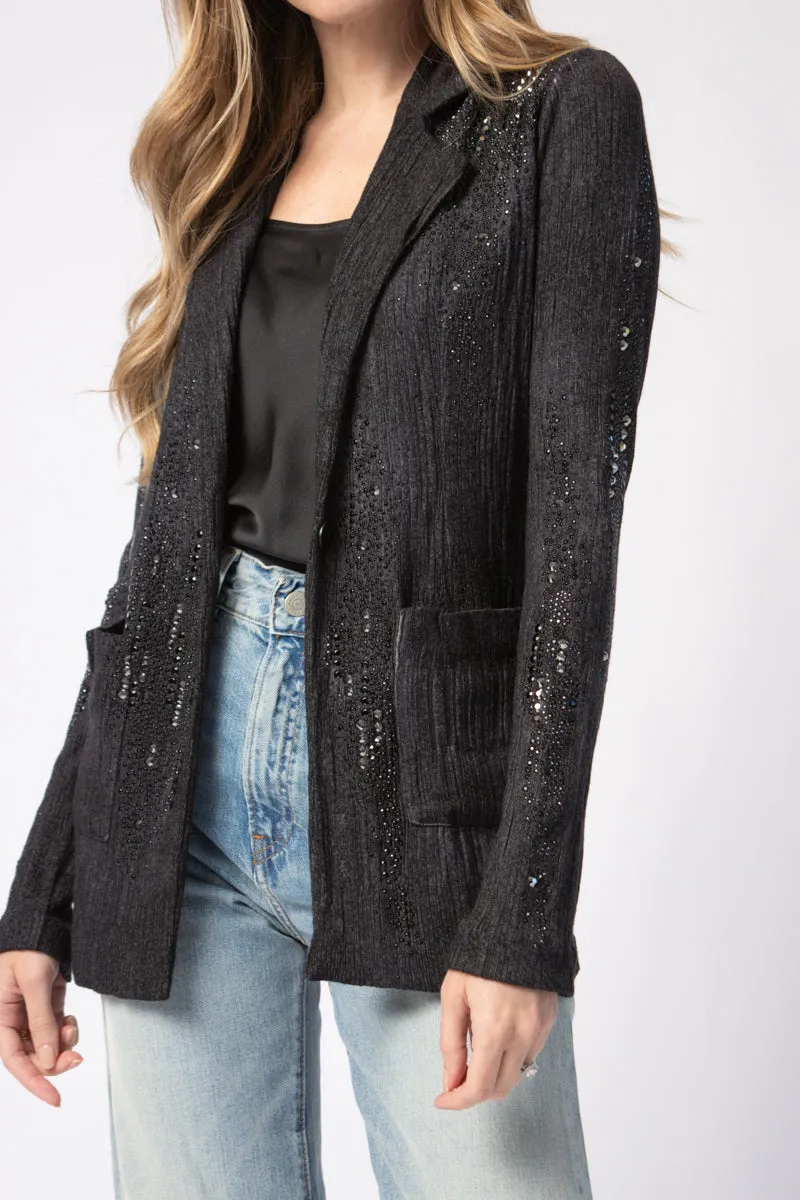 Embellished Plissé Blazer Jacket in Nero