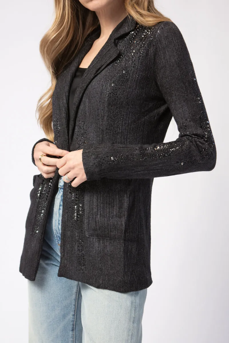 Embellished Plissé Blazer Jacket in Nero
