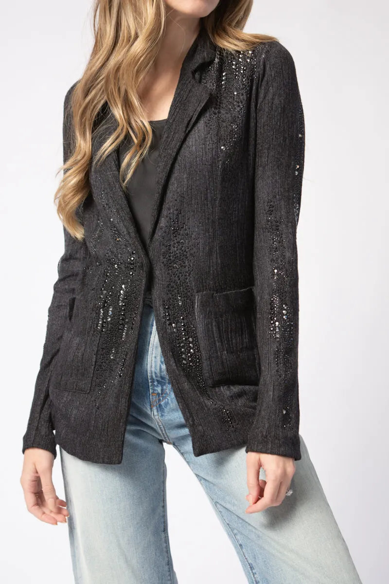 Embellished Plissé Blazer Jacket in Nero