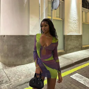 Fall Type Hip Printing Color Contrast Hollow Out Cutout Ring Long Sleeve Dress Women