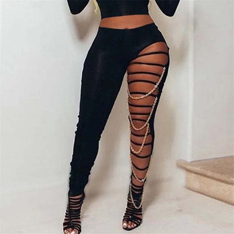 Fashionkova  Chain Patchwork Pants Leggings 2022 Sexy Women Hollow Out Trousers Black High Waist Bodycon Slim Clubwear Streetwear
