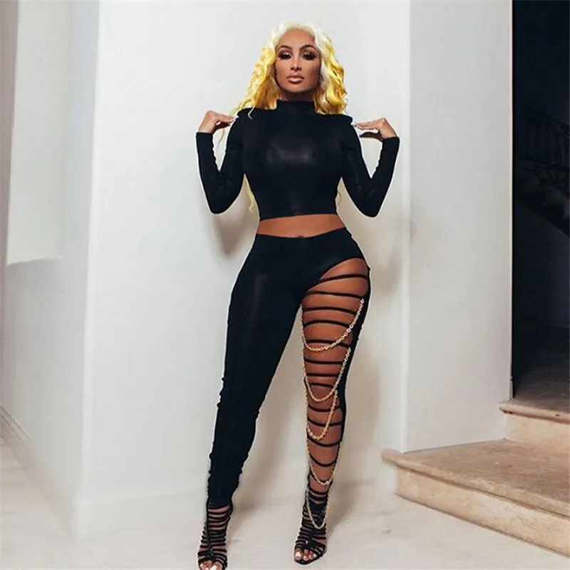 Fashionkova  Chain Patchwork Pants Leggings 2022 Sexy Women Hollow Out Trousers Black High Waist Bodycon Slim Clubwear Streetwear