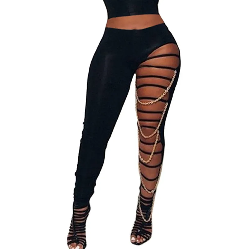 Fashionkova  Chain Patchwork Pants Leggings 2022 Sexy Women Hollow Out Trousers Black High Waist Bodycon Slim Clubwear Streetwear
