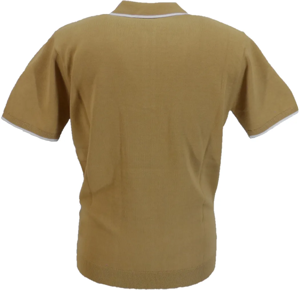Gabicci Vintage Mens Sand Brown Lineker Short Sleeve Knitted Polo Shirt