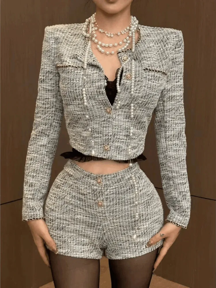 Girlary Autumn Korean Elegant Slim Outfits 2 Piece Set Women Y2k Office Lady Long Sleeve Short Coat   Sexy Bodycon Higt Waist Shorts New
