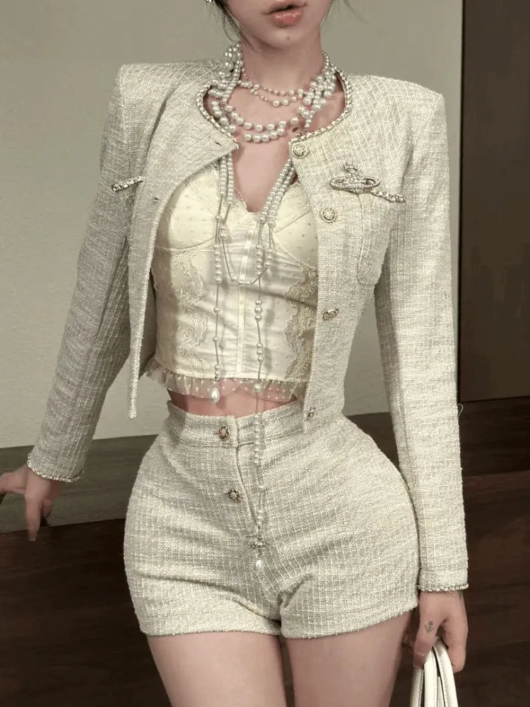 Girlary Autumn Korean Elegant Slim Outfits 2 Piece Set Women Y2k Office Lady Long Sleeve Short Coat   Sexy Bodycon Higt Waist Shorts New