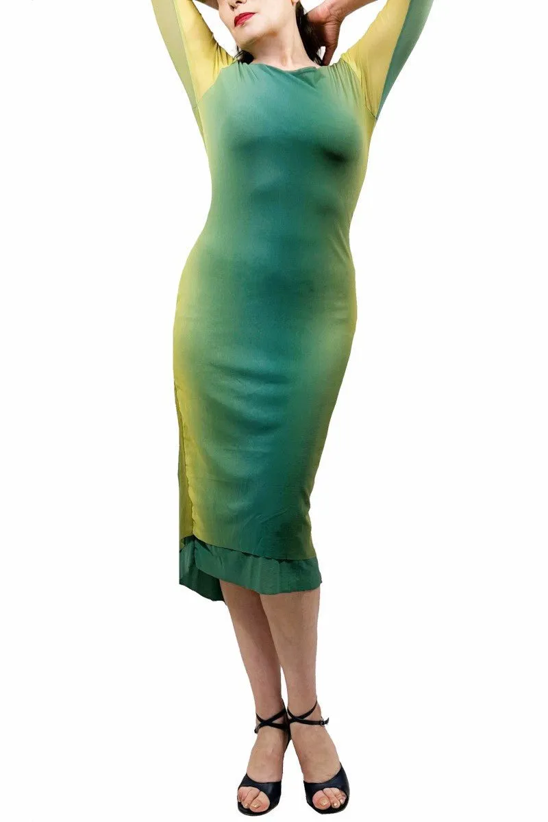 green ombre NINA mesh tango dress with sleeves
