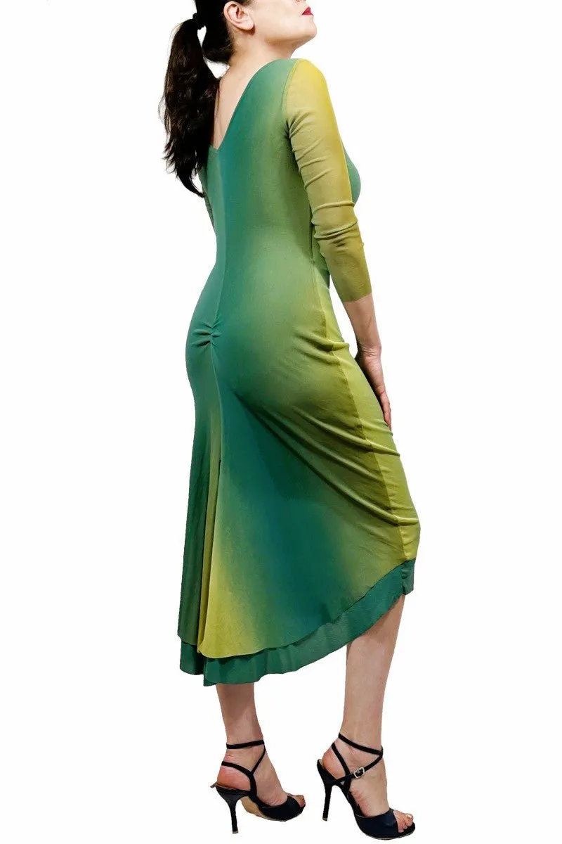 green ombre NINA mesh tango dress with sleeves