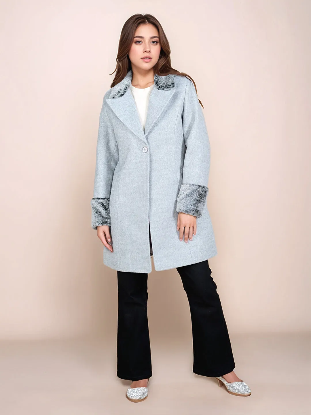 Grey Solid Faux Fur Collared Straight Fit Long Jacket