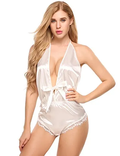 Halter Deep V -Neck Silk Slip Lingerie Bodysuit
