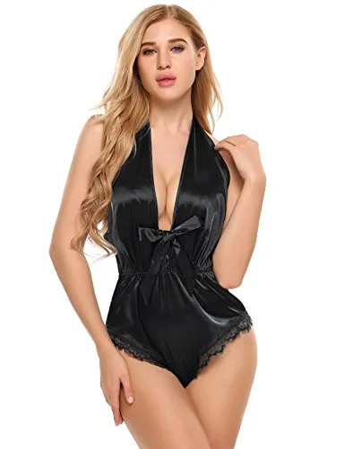 Halter Deep V -Neck Silk Slip Lingerie Bodysuit