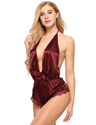 Halter Deep V -Neck Silk Slip Lingerie Bodysuit