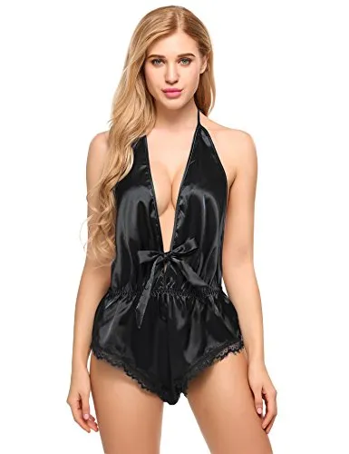 Halter Deep V -Neck Silk Slip Lingerie Bodysuit