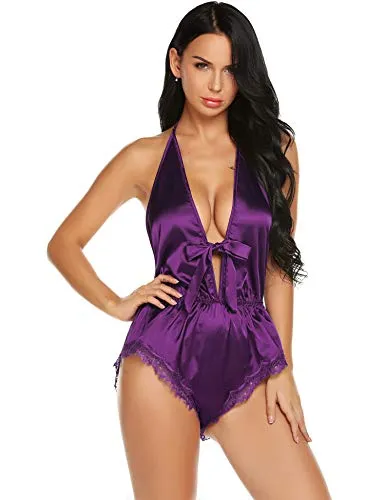 Halter Deep V -Neck Silk Slip Lingerie Bodysuit