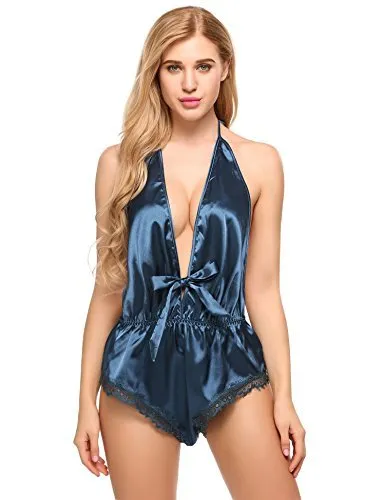 Halter Deep V -Neck Silk Slip Lingerie Bodysuit