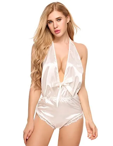 Halter Deep V -Neck Silk Slip Lingerie Bodysuit